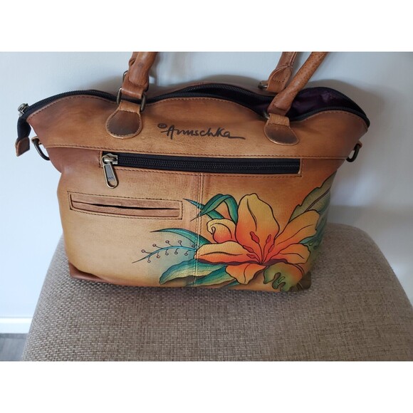 Anuschka Shoulder Bag Purse Tropical Paradise Hibiscus Leather Hand Painted - Picture 5 of 10
